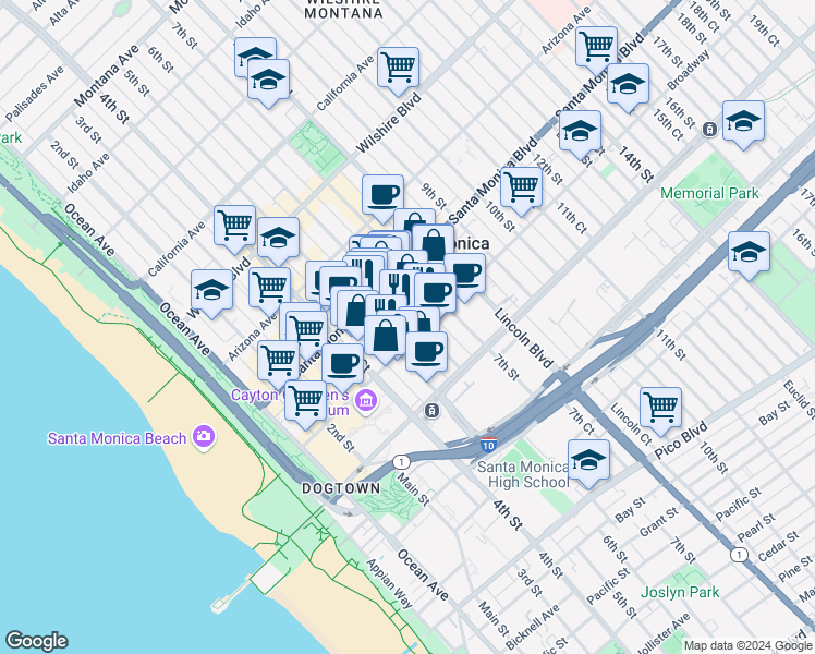 map of restaurants, bars, coffee shops, grocery stores, and more near 1434 6th Street in Santa Monica