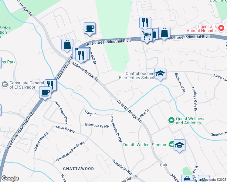 map of restaurants, bars, coffee shops, grocery stores, and more near 4095 Boles Creek Drive Northwest in Duluth