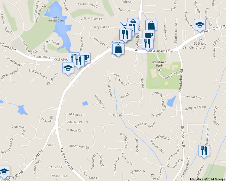 map of restaurants, bars, coffee shops, grocery stores, and more near 385 Guildhall Grove in Alpharetta