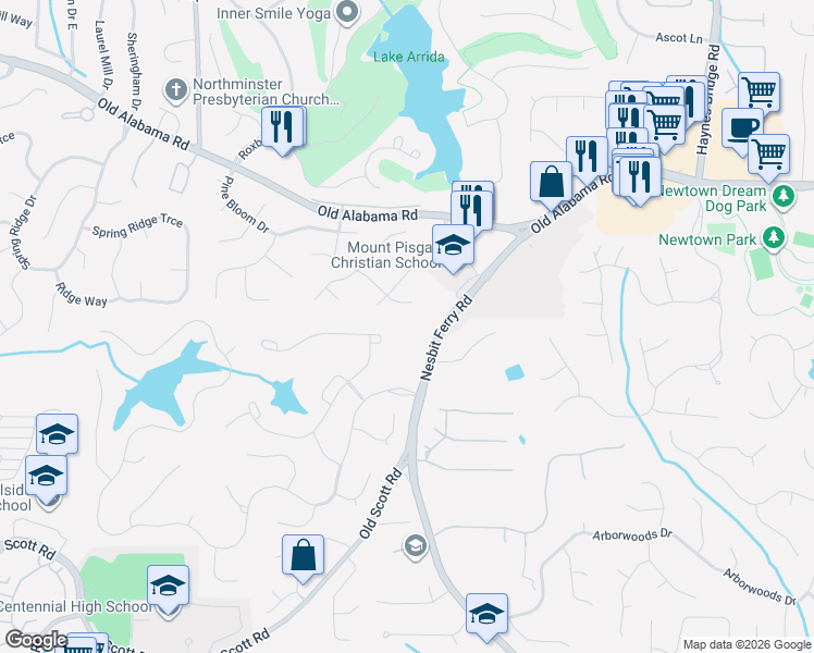 map of restaurants, bars, coffee shops, grocery stores, and more near 2730 Shadow Pine Drive in Roswell