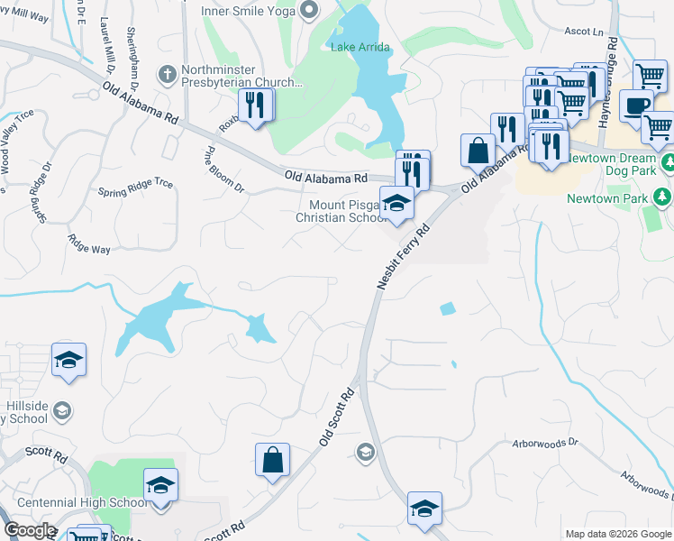 map of restaurants, bars, coffee shops, grocery stores, and more near 2705 Shadow Pine Drive in Roswell