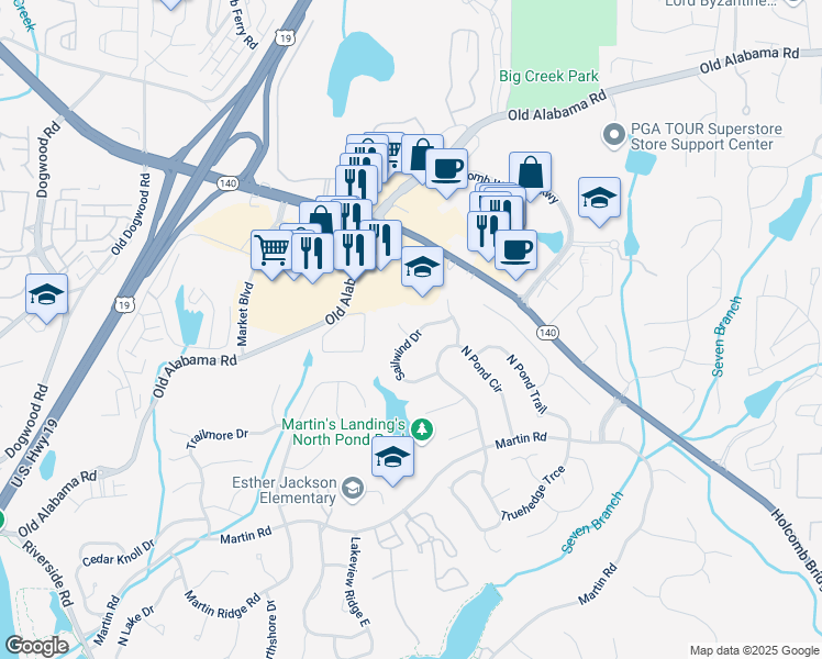 map of restaurants, bars, coffee shops, grocery stores, and more near 195 Sailwind Court in Roswell