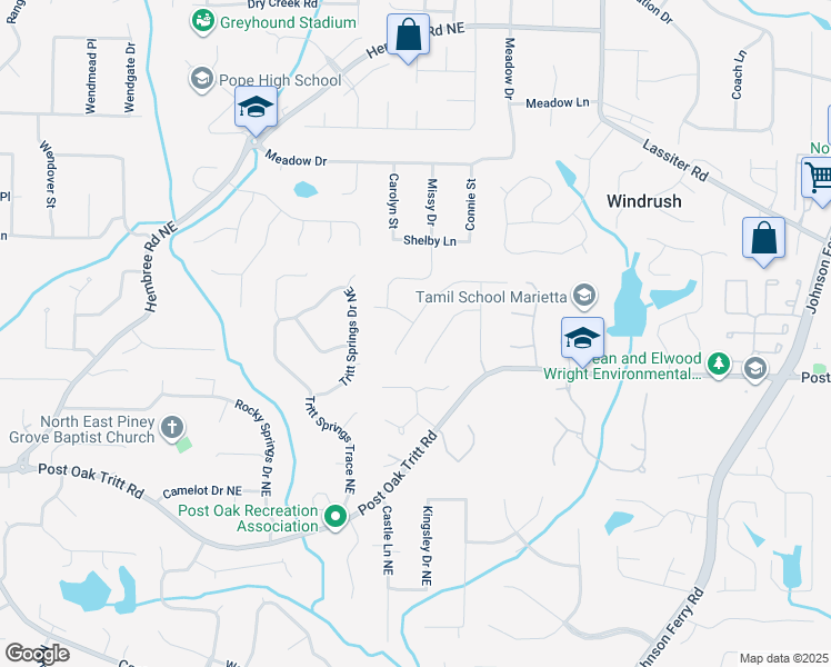 map of restaurants, bars, coffee shops, grocery stores, and more near 3616 Longfellow Trail in Marietta