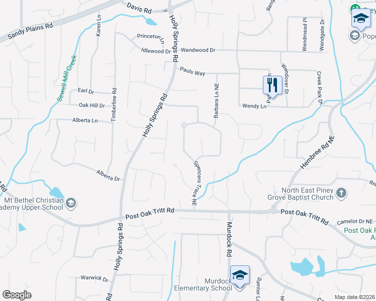 map of restaurants, bars, coffee shops, grocery stores, and more near 2642 Spencers Trace Northeast in Marietta