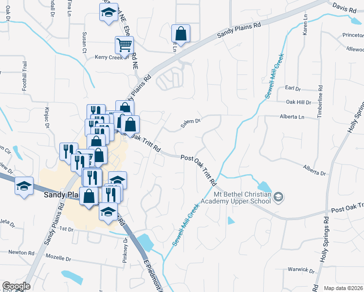 map of restaurants, bars, coffee shops, grocery stores, and more near 2714 Rustling Pines Court in Marietta