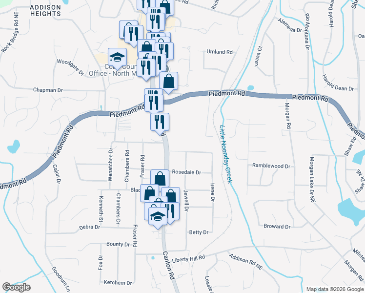 map of restaurants, bars, coffee shops, grocery stores, and more near 2710 Canton Road in Marietta