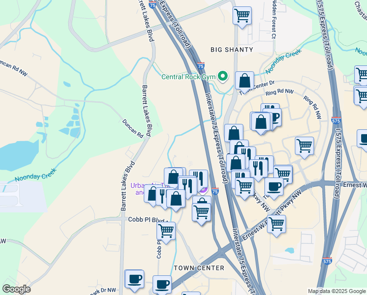 map of restaurants, bars, coffee shops, grocery stores, and more near 2500 Cobb Place Lane Northwest in Kennesaw