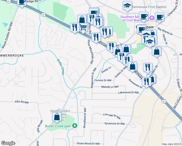 map of restaurants, bars, coffee shops, grocery stores, and more near 2529 Ridgecrest Drive Northwest in Kennesaw