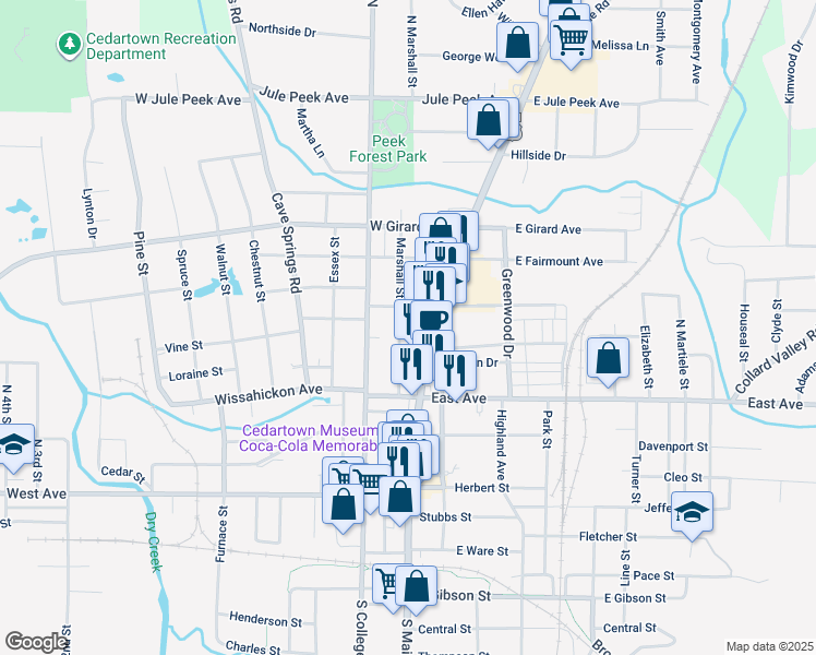 map of restaurants, bars, coffee shops, grocery stores, and more near 163 Marshall Street in Cedartown