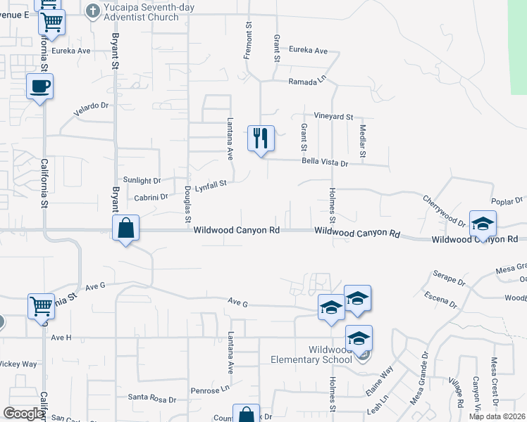 map of restaurants, bars, coffee shops, grocery stores, and more near 35716 Wildwood Canyon Road in Yucaipa