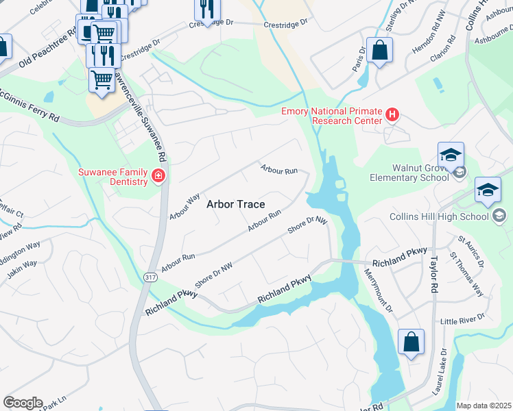 map of restaurants, bars, coffee shops, grocery stores, and more near 2460 Arbour Trace Vista in Suwanee