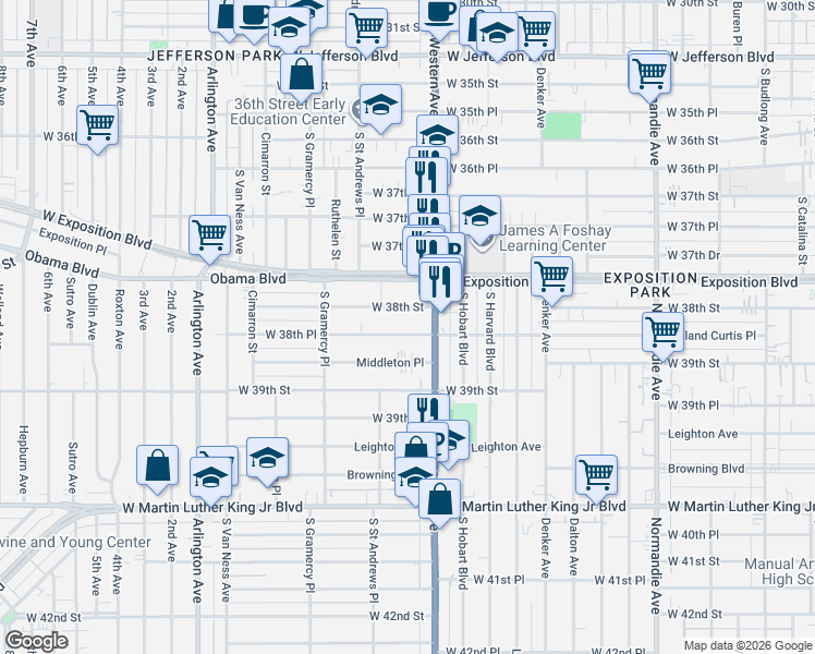 map of restaurants, bars, coffee shops, grocery stores, and more near 1616 West 38th Street in Los Angeles