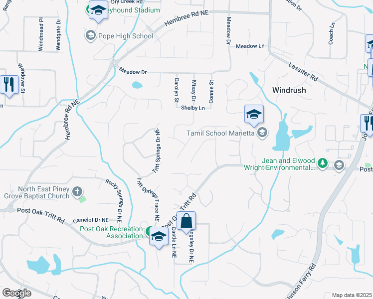 map of restaurants, bars, coffee shops, grocery stores, and more near 3616 Longfellow Trail in Marietta