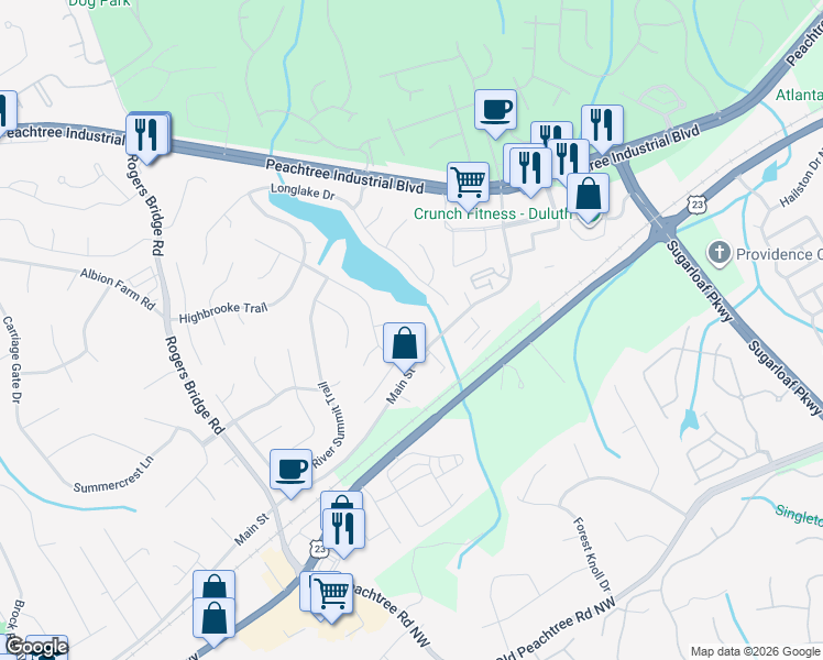map of restaurants, bars, coffee shops, grocery stores, and more near 2515 Kingsbrooke Lane in Duluth