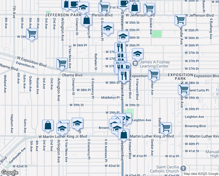 map of restaurants, bars, coffee shops, grocery stores, and more near 3806 South Saint Andrews Place in Los Angeles