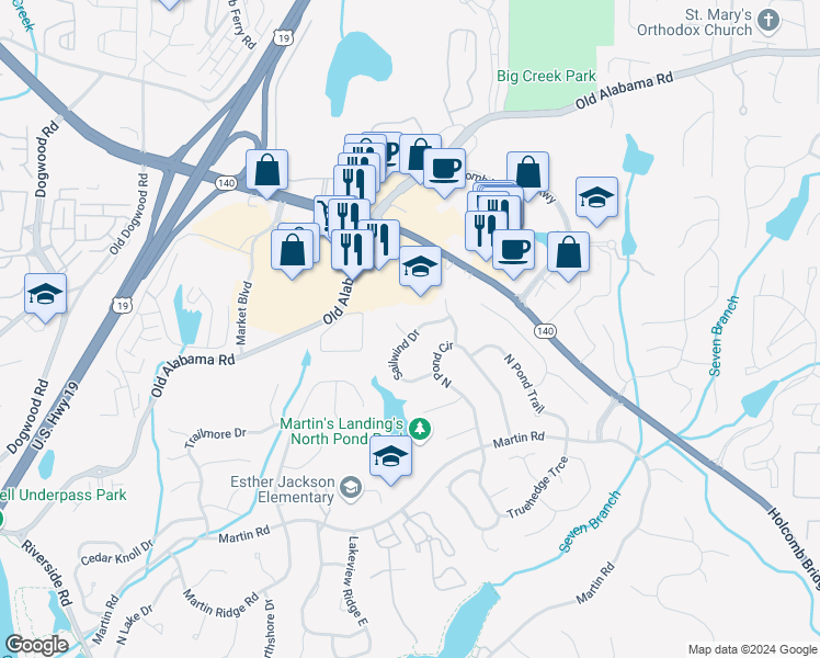 map of restaurants, bars, coffee shops, grocery stores, and more near 195 Sailwind Court in Roswell