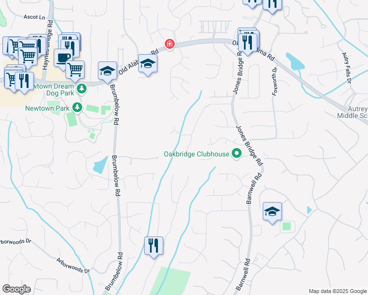map of restaurants, bars, coffee shops, grocery stores, and more near 9680 Almaviva Drive in Alpharetta