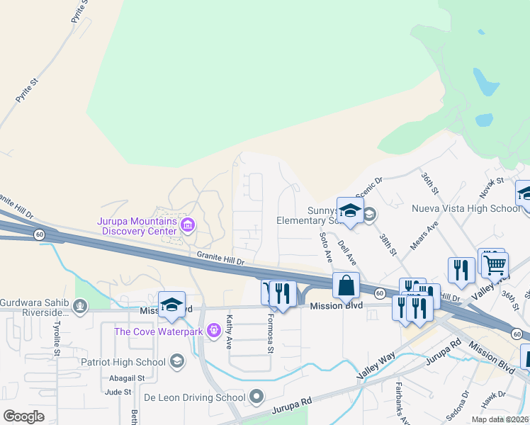 map of restaurants, bars, coffee shops, grocery stores, and more near 3972 Boulder Drive in Jurupa Valley