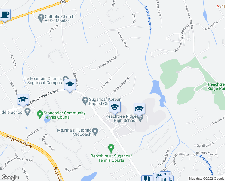 map of restaurants, bars, coffee shops, grocery stores, and more near 1601 Wickersham Place in Suwanee
