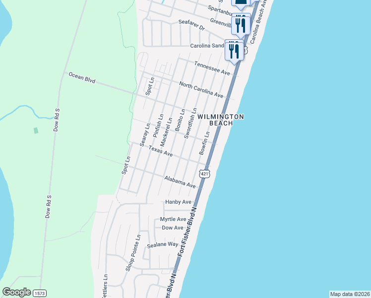 map of restaurants, bars, coffee shops, grocery stores, and more near 1507 Snapper Lane in Carolina Beach