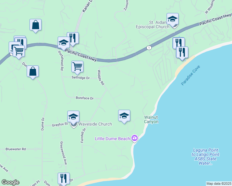 map of restaurants, bars, coffee shops, grocery stores, and more near 6738 Wildlife Road in Malibu