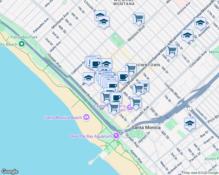 map of restaurants, bars, coffee shops, grocery stores, and more near 230 Arizona Avenue in Santa Monica