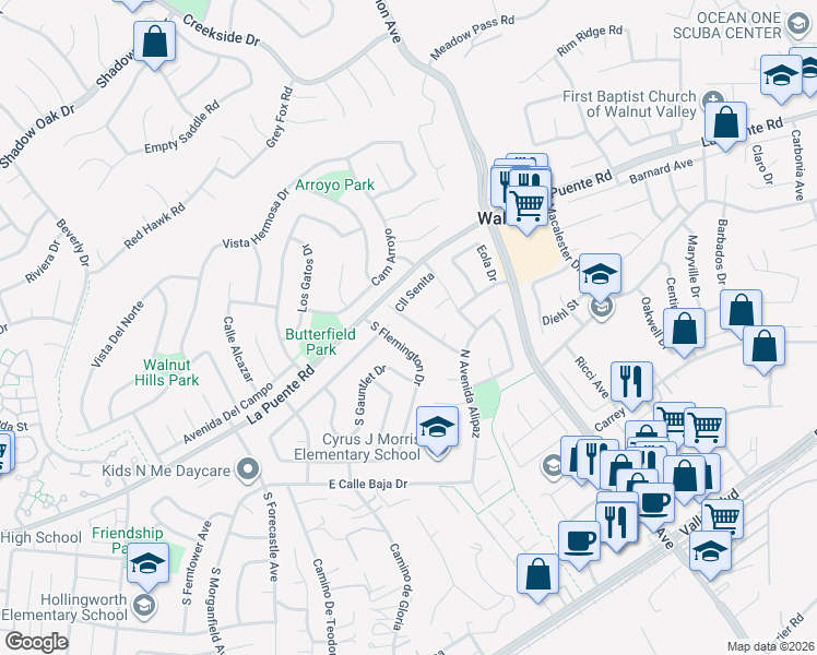 map of restaurants, bars, coffee shops, grocery stores, and more near 313 Calle Becerra in Walnut