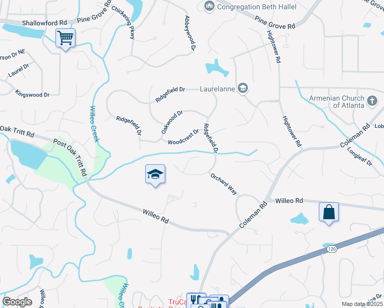 map of restaurants, bars, coffee shops, grocery stores, and more near 1920 Ridgefield Court in Roswell