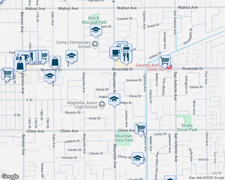 map of restaurants, bars, coffee shops, grocery stores, and more near 6302 Gloria Street in Chino