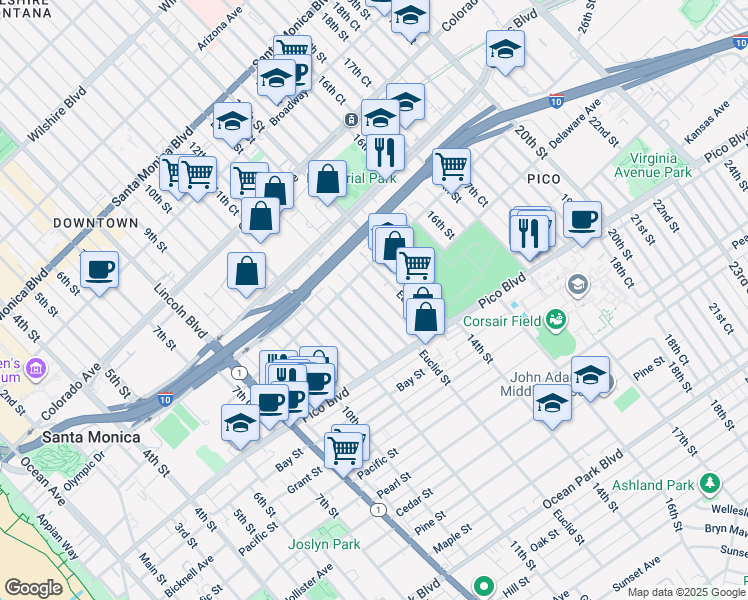 map of restaurants, bars, coffee shops, grocery stores, and more near 1833 Euclid Street in Santa Monica