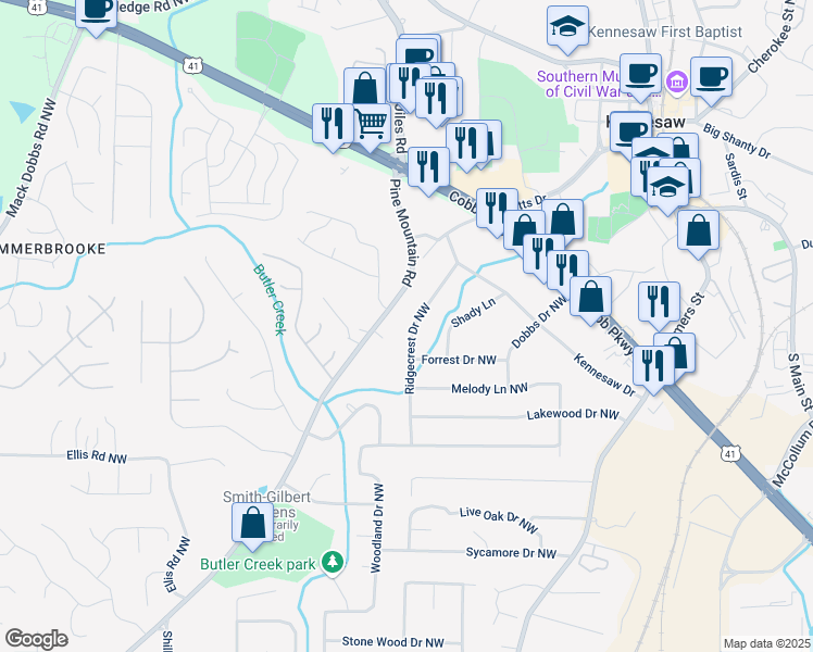 map of restaurants, bars, coffee shops, grocery stores, and more near 2529 Ridgecrest Drive Northwest in Kennesaw