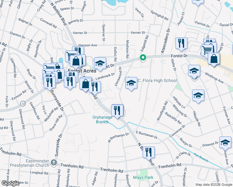 map of restaurants, bars, coffee shops, grocery stores, and more near 1486 Florawood Drive in Columbia