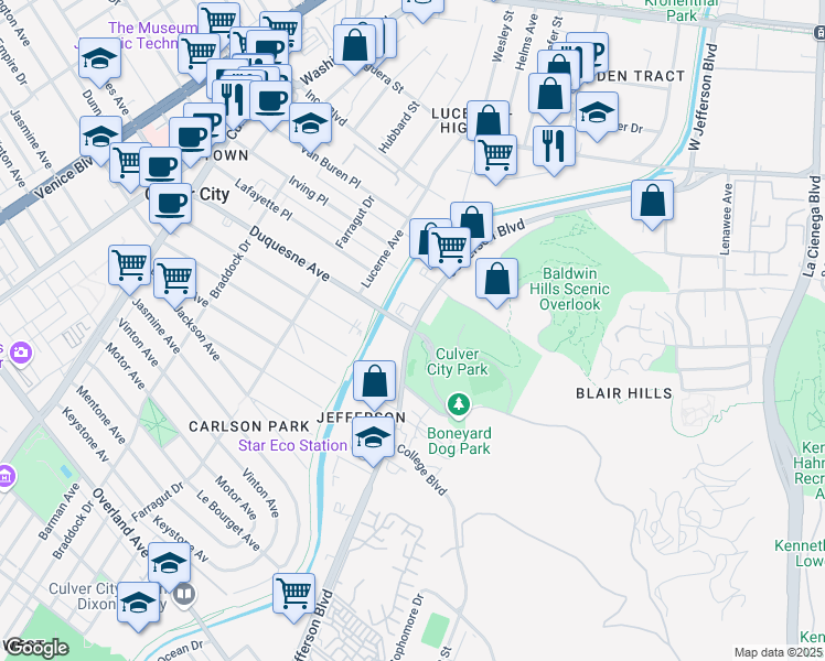 map of restaurants, bars, coffee shops, grocery stores, and more near 9600 Jefferson Boulevard in Culver City