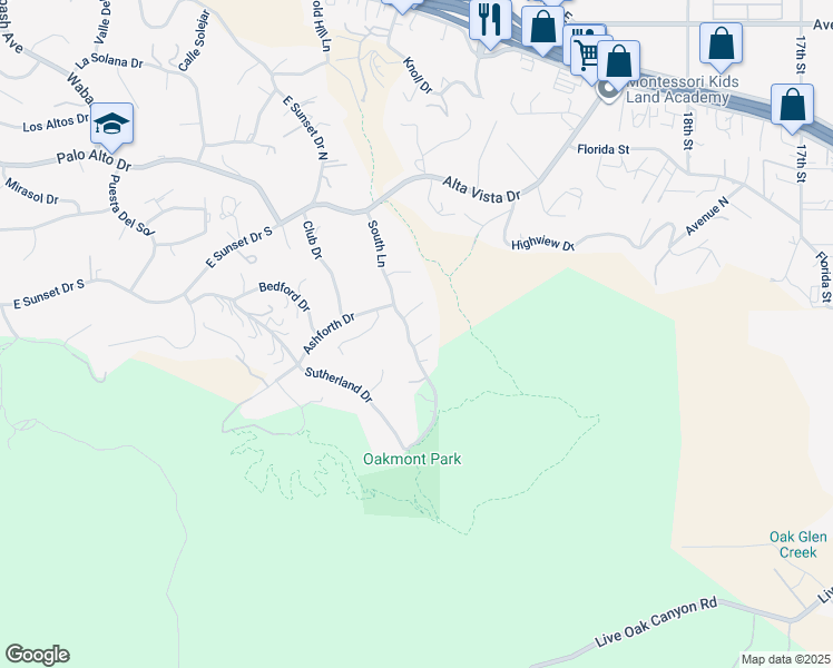 map of restaurants, bars, coffee shops, grocery stores, and more near 31284 Freya Drive in Redlands