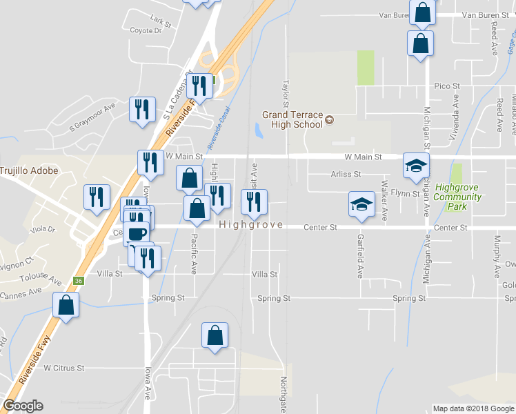 map of restaurants, bars, coffee shops, grocery stores, and more near 210 Transit Avenue in Riverside