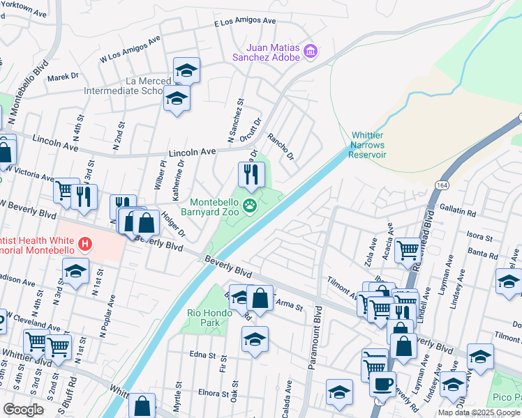 map of restaurants, bars, coffee shops, grocery stores, and more near 600 Rea Drive in Montebello