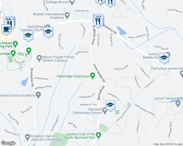 map of restaurants, bars, coffee shops, grocery stores, and more near 3635 River Trace Drive in Alpharetta