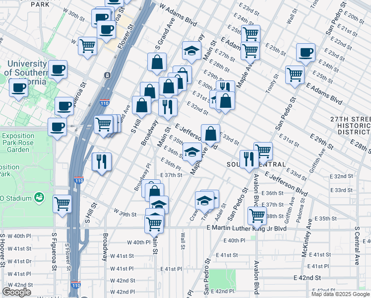 map of restaurants, bars, coffee shops, grocery stores, and more near 156 East 35th Street in Los Angeles