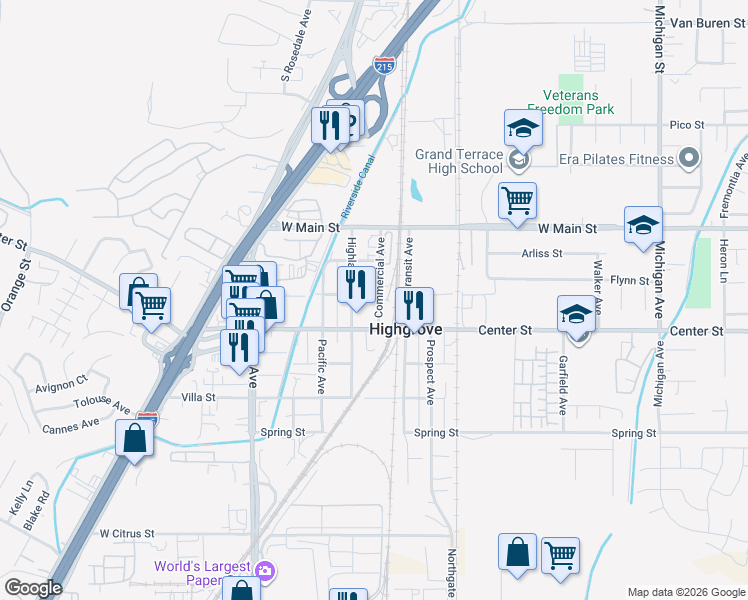map of restaurants, bars, coffee shops, grocery stores, and more near 215 Commercial Avenue in Riverside
