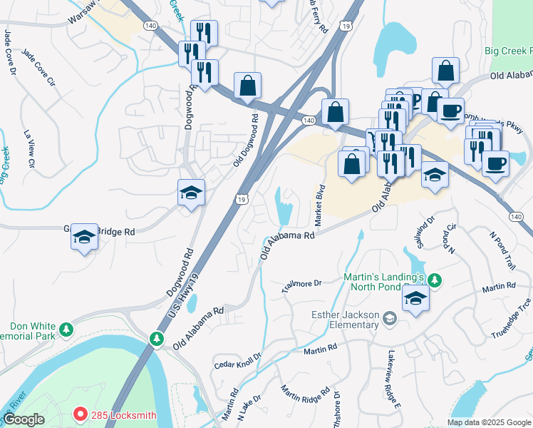 map of restaurants, bars, coffee shops, grocery stores, and more near 1453 Raintree Crossing in Roswell