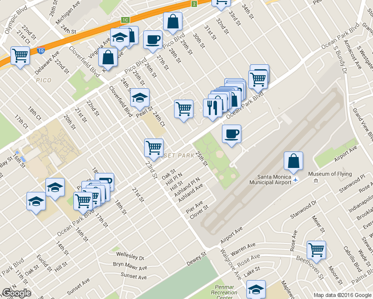 map of restaurants, bars, coffee shops, grocery stores, and more near 2454 Ocean Park in Santa Monica