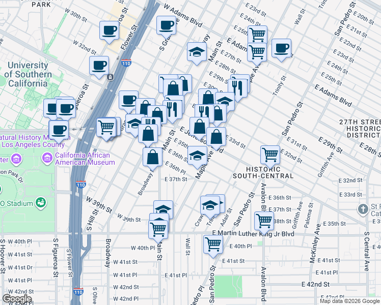 map of restaurants, bars, coffee shops, grocery stores, and more near 146 East 35th Street in Los Angeles