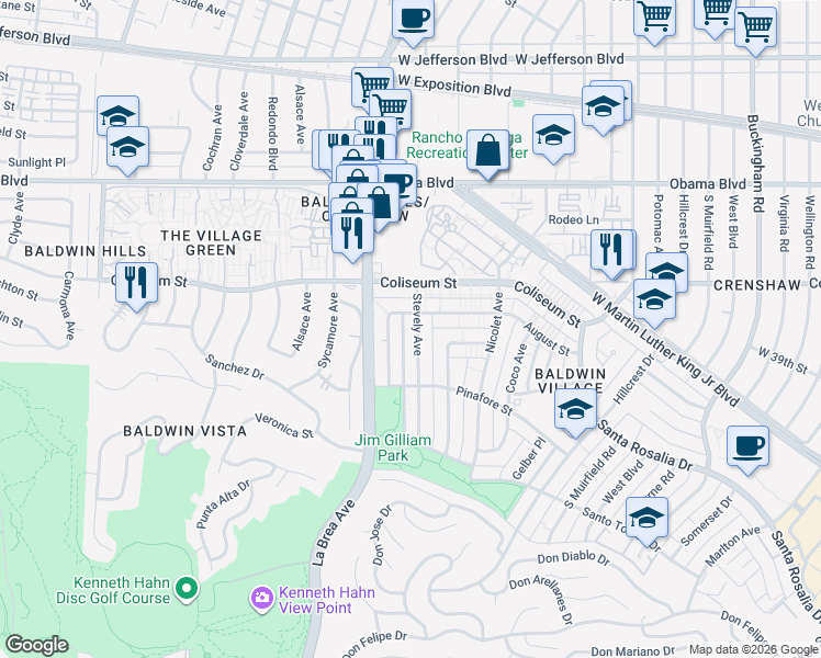 map of restaurants, bars, coffee shops, grocery stores, and more near 3849 Stevely Avenue in Los Angeles