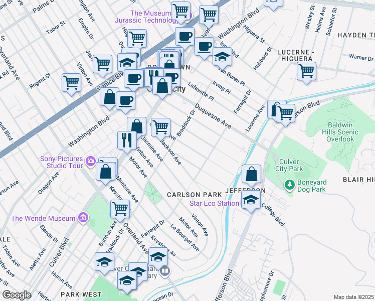 map of restaurants, bars, coffee shops, grocery stores, and more near 4135 La Salle Avenue in Culver City