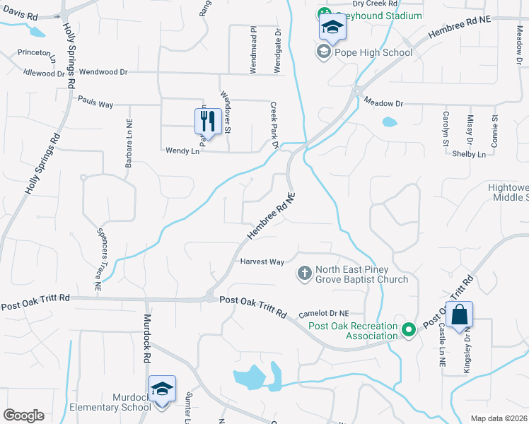 map of restaurants, bars, coffee shops, grocery stores, and more near 2765 Hembree Road Northeast in Marietta