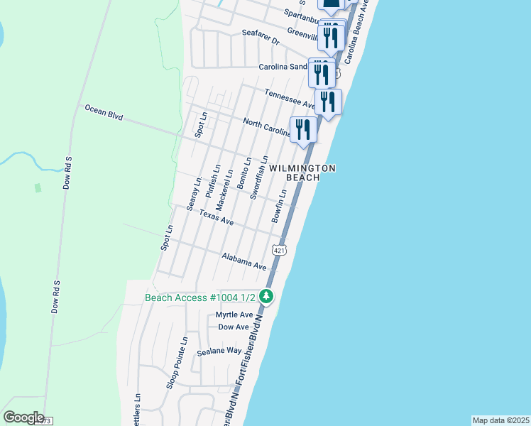 map of restaurants, bars, coffee shops, grocery stores, and more near 1509 Snapper Lane in Carolina Beach