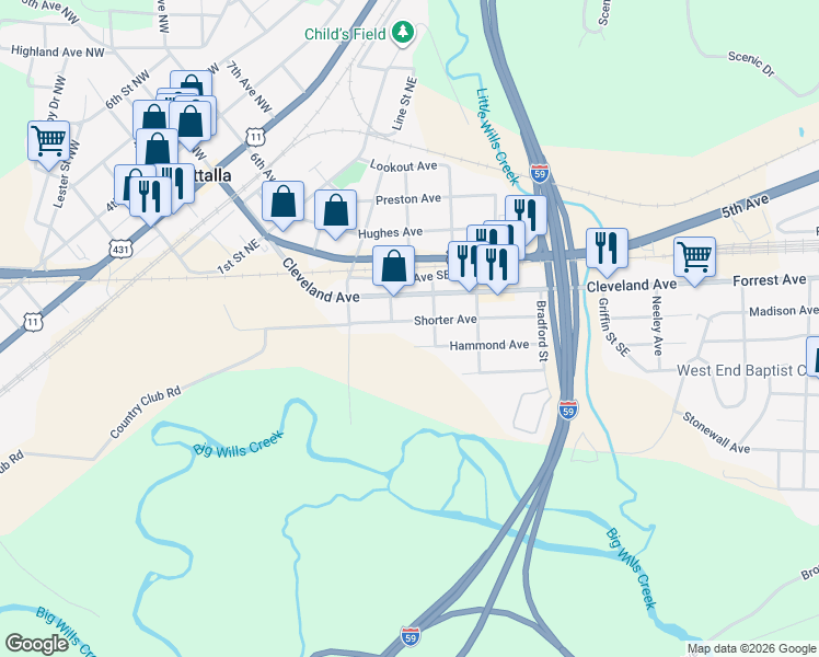 map of restaurants, bars, coffee shops, grocery stores, and more near 409 Shorter Avenue in Attalla