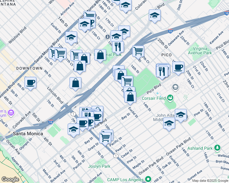 map of restaurants, bars, coffee shops, grocery stores, and more near 1836 Euclid Street in Santa Monica