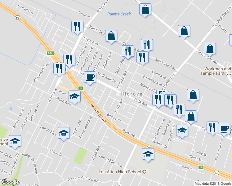 map of restaurants, bars, coffee shops, grocery stores, and more near 14934 Gale Avenue in Hacienda Heights