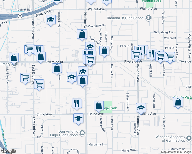 map of restaurants, bars, coffee shops, grocery stores, and more near 4175 Hacienda Lane in Chino
